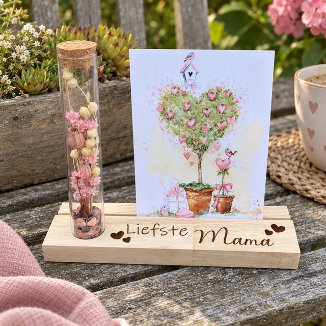 Fotoplankje met een geïllustreerde kaart voor mama en droogbloemen