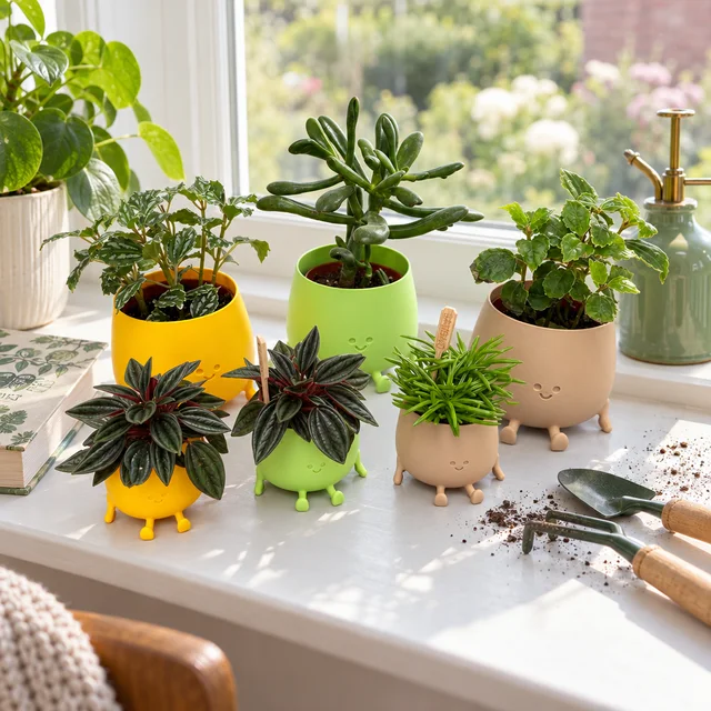 Kleurrijke Happy pots met plantjes op een lichte vensterbank