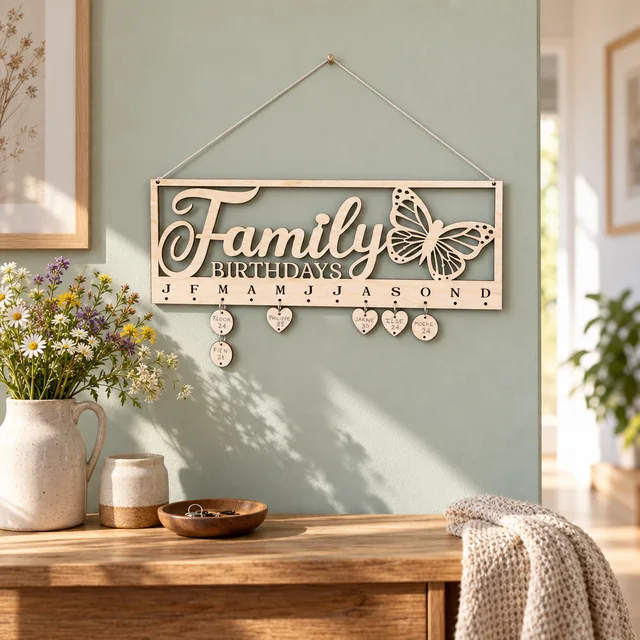 Houten verjaardagskalender met hangende naamkaartjes